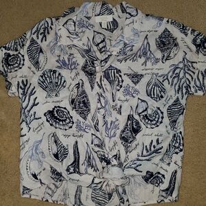 Charter Club White Short Sleeve Button-Front Shirt with Navy Seashell Print